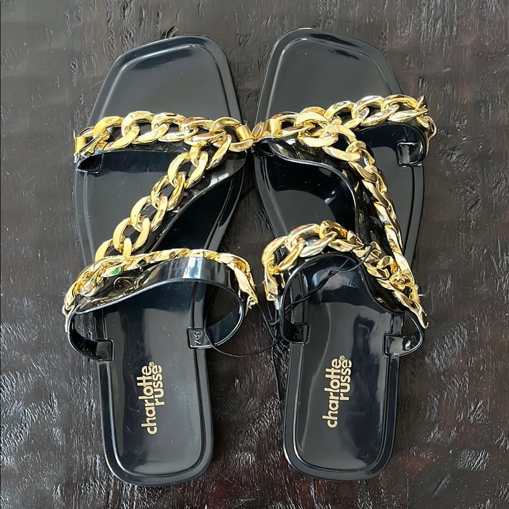 Charlotte Russe Gold Chain Black Sandals